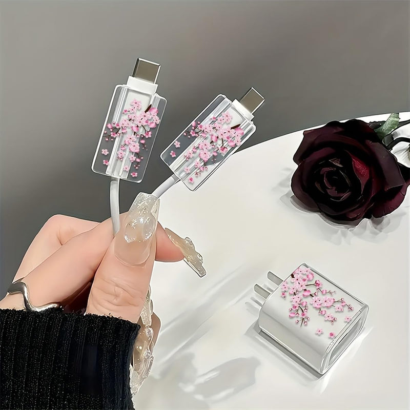 3 Pack Charger Protector Set Pink Peach Blossom Pattern Transparent TPU Cable Case for iPhone 18W 20W Home Travel Office, Pink Peach Blossom 3pcs/1set