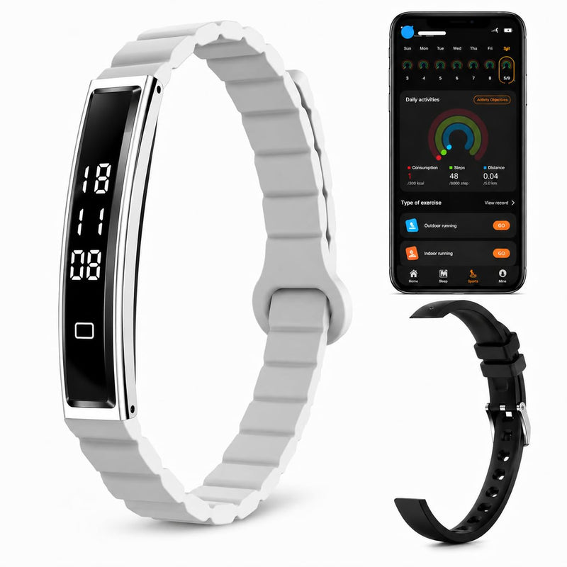 Smart Health Bracelet for Women & Men, Heart Rate Monitor, Blood Oxygen & Sleep Tracking, Step Counter, iOS & Android Compatible and No Subscription Fee Grey with Magnet Strap