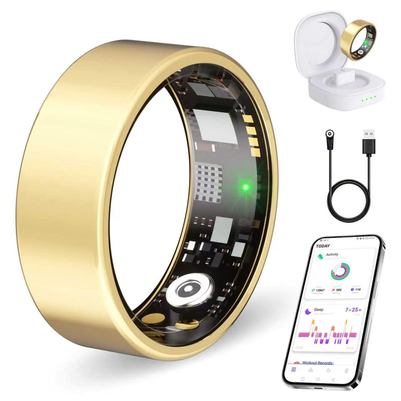 Smart Ring No Subscription, Health Tracker Ring for Women (Gold, 8#) | Tracker Sleep, Blood Oxygen, Heart Rate, SpO2, HRV Stress, Step Counter, IP68 Waterproof, Compatible with iOS & Android Gold 8#
