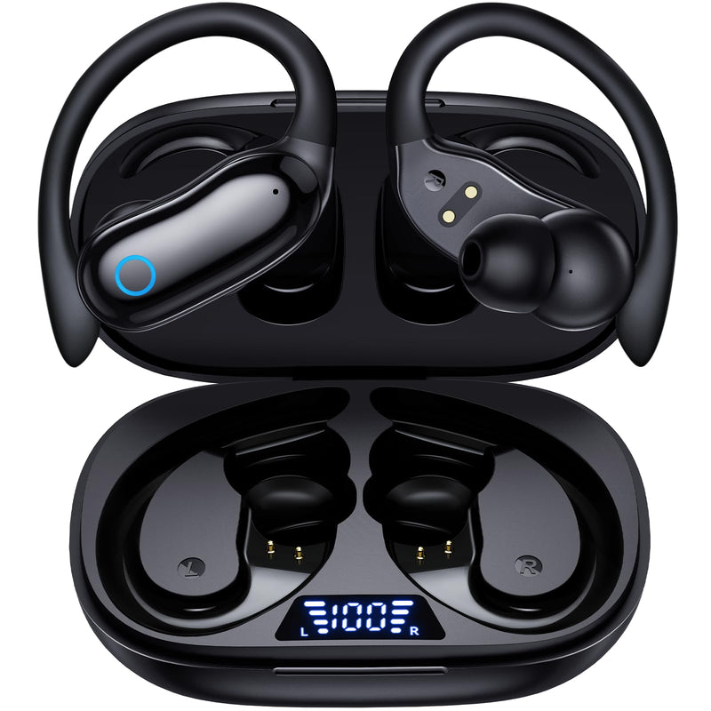 GNMN Active Noise Cancelling Ear Buds Wireless Earbuds 96hrs Playback Bluetooth Headphones Dual Battery Display Stereo Bass Earphones with Earhooks Microphone IPX7 Waterproof for Sports/Runing/Workout Black