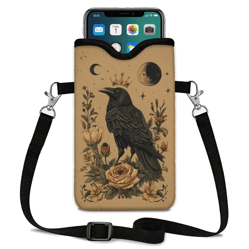 Neoprene Phone Sleeve Pouch Case Bag for Women Men with Crossbody Strap, 7.1x3.9 in, Shockproof Mobile Protection Case Bag with Neck Lanyard, Fits Most Phones, Gothic Raven Color 06