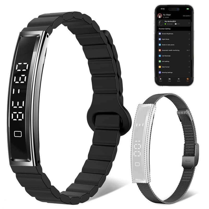 Smart Bracelet for Women Men Fitness Health Tracker with Heart Rate Sleep | 2 Bands 5ATM Waterproof Smartband with Multi-Sport Modes, Step Pedometer Black Steel + Black Magnetic