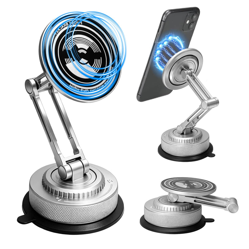 All-Metal Alloy Long Arm Magnetic Suction Cup Car Phone Mount(Silver) | Strong Powerful Magnetic Heavy-Duty Windshield Dash 360° Mechanical Rotation Cell Mobile Phone Vehicle Bracket for All Cars Silver