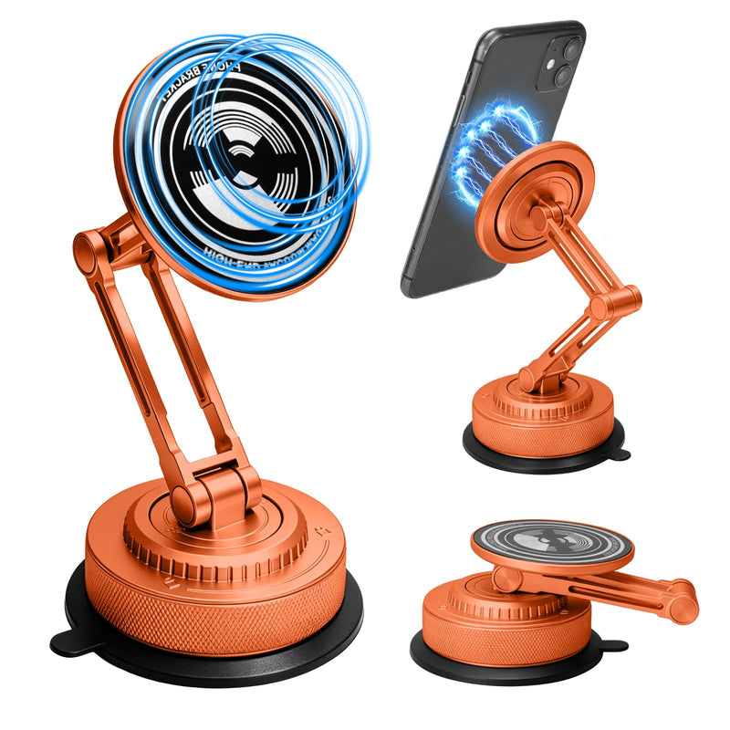 All-Metal Alloy Long Arm Magnetic Suction Cup Car Phone Mount(Orange) | Strong Powerful Magnetic Heavy-Duty Windshield Dash 360° Mechanical Rotation Cell Mobile Phone Vehicle Bracket for All Cars Orange