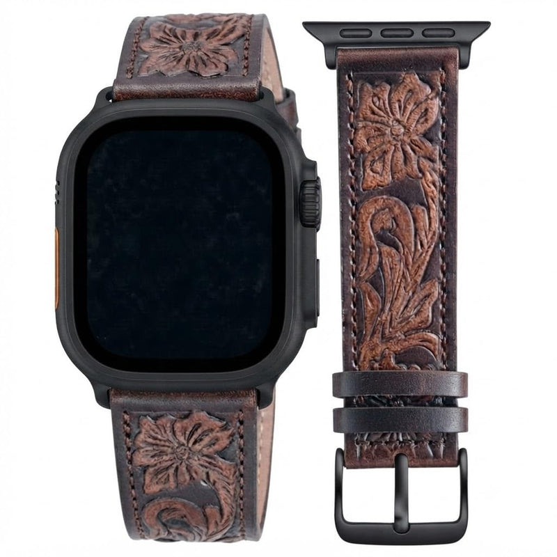 Tooled Leather Band Compatible with Apple Watch Ultra 3 2 1 & Series 11/10/9-3 SE, 3D Floral Western Strap for Men Women Antique Walnut / Black 44/45/46/49mm Ultra/42mm(S 1/2/3)