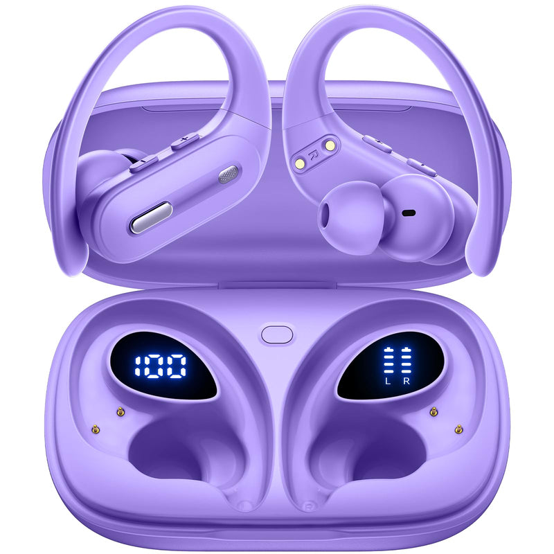 GNMN Active Noise Cancelling Ear Buds Wireless Earbuds 90Hrs Playtime Hi-Res Stereo Deep Bass Power Display Earphones with Earhooks Waterproof Transparency Headset for Sports/Gym Light Purple