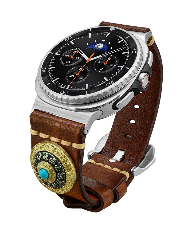 Leather Band ONLY for Samsung Galaxy Watch 8 Classic & Galaxy Watch 8 (40/44/46mm), Replacement Strap with Rotating Dial Decor, Genuine Leather No Gap Replacement Straps for Samsung Watch 8, Fit 5.8”-8.5”(Black) Brown