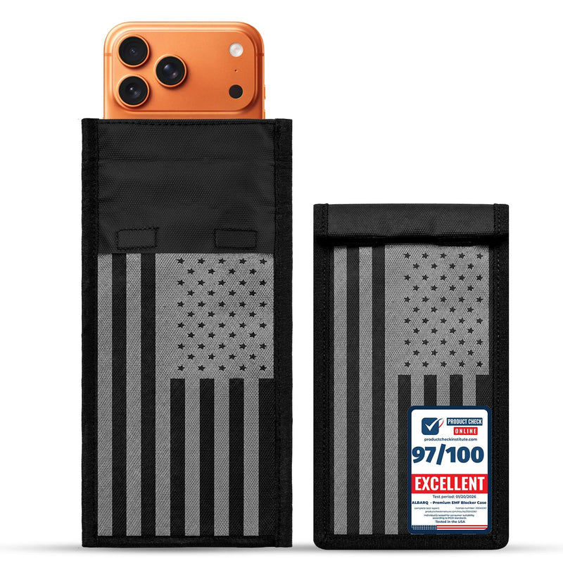 ALBARQ Premium Faraday Bags for Phones Waterproof Signal EMF Blocking Faraday Pouch RFID Blocking Phone Sleeve Cell Phone Privacy Bag with Double Fold Magnetic Closure Black Gray American Flag Design