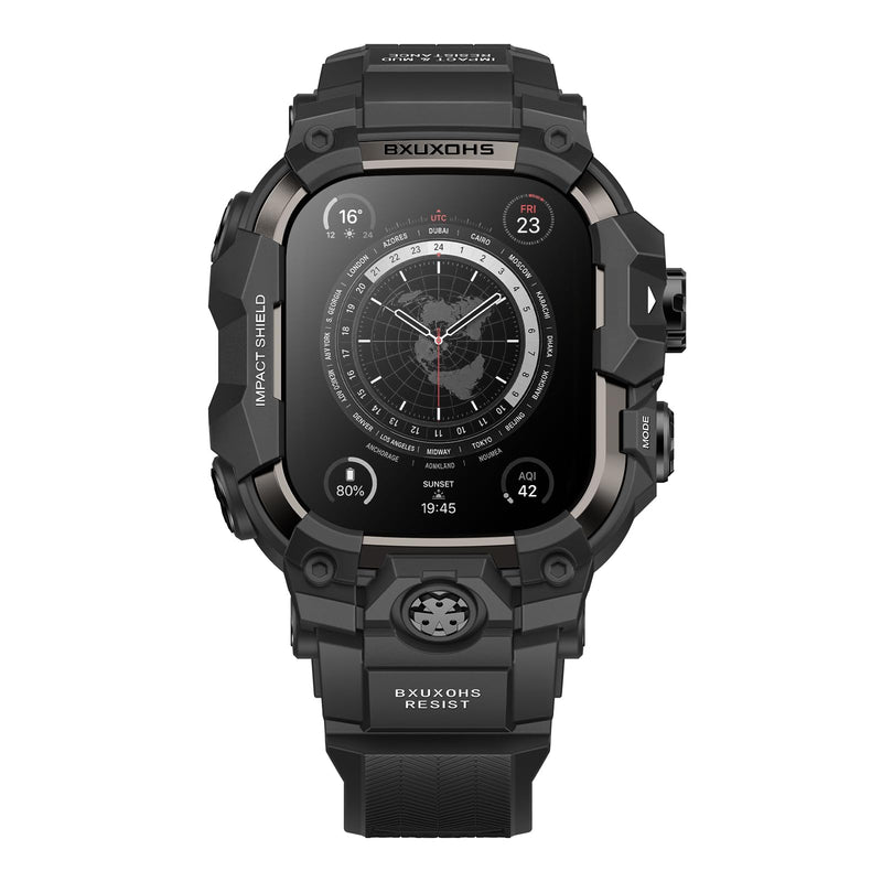 BXUXOHS Rugged Case and Band for Apple Watch Series 9/8/7 45mm Cover Men | Military-Grade Tactical Durable Case,Shockproof Metal Bumper,Mudproof Waterproof TPU Band Cover for iWatch 9/8/7 45,Black 03-Black & Titanium Black
