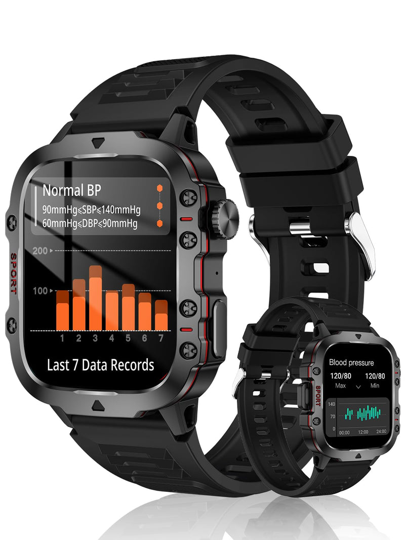 Blood Pressure Watch Men, IP68 Waterproof Blood Pressure Watch, 1.96" High-Resolution Touch Screen Smart Fitness Tracker with 100+ Sport Modes Compatible with Android and iOS, Black
