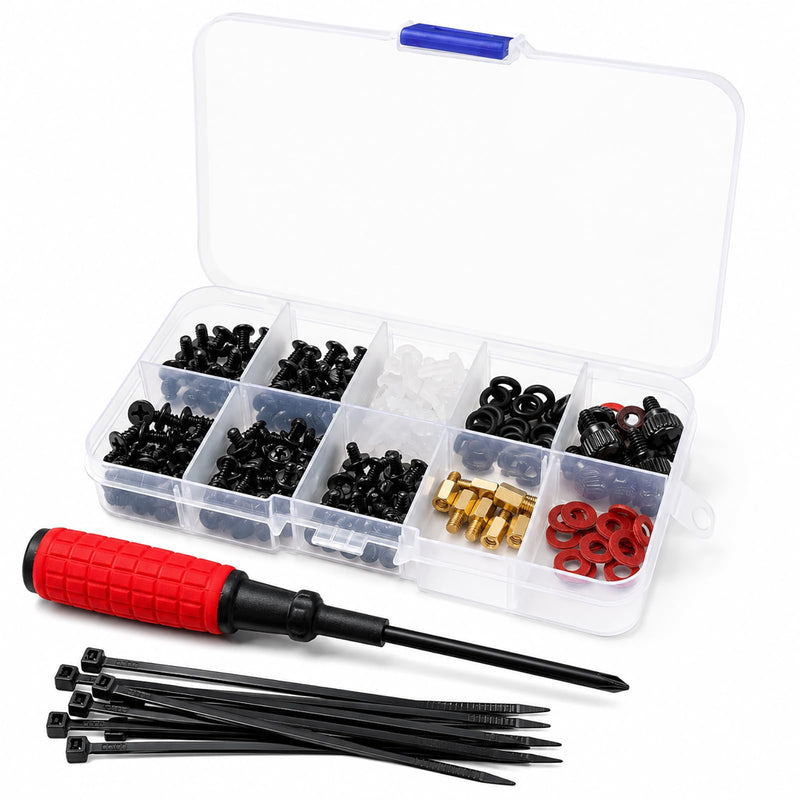 Computer Screws Assortment Kit with Screwdriver and Standoffs | Assorted PC screws, motherboard standoffs, and screwdriver for GPU, HDD, SSD, fan, PSU, and case repair