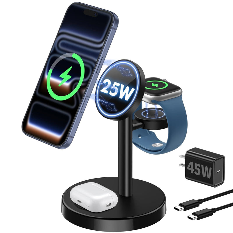 Aeinidi 25W 3 in 1 Wireless Fast Charging Station for Apple MagSafe Charger | Strong Magnetic Cool Charging Stand for iPhone 17 16 15 14 13 12, Apple Watch & AirPods, 45W Adapter Included Classic Black