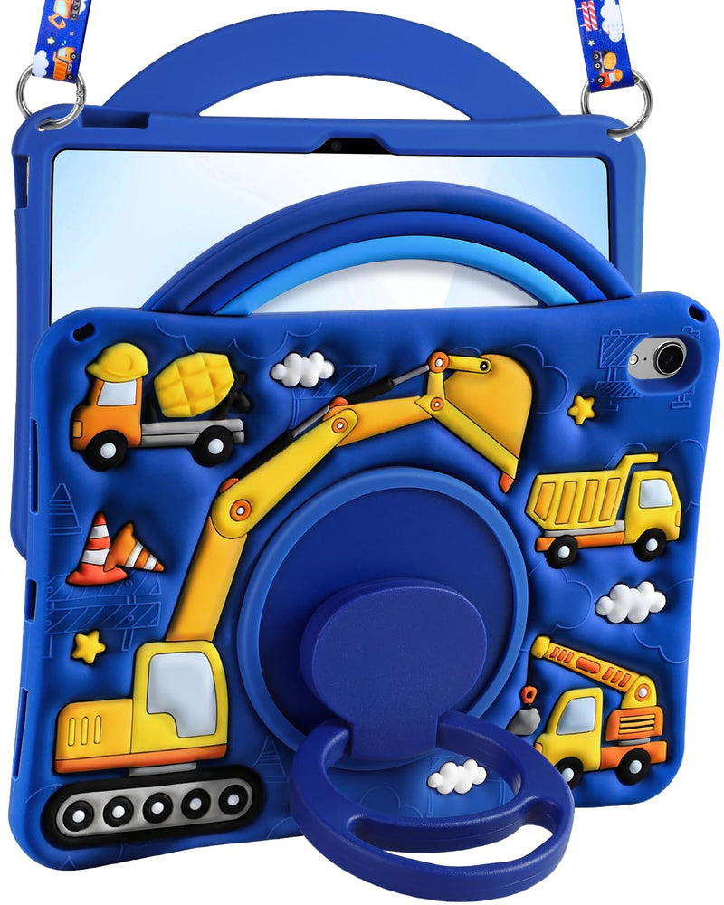 Wazzasoft for iPad A16 Case 2025 11 inch/for iPad 10th Generation Case 2022 10.9" - Cute 3D Silicone Cover with Adjustable Shoulder Strap, Rotating Stand & Handle for Kids Boys, Construction Truck