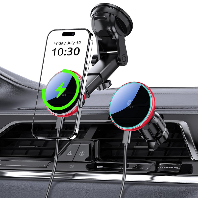 for Mag-Safe Car Mount Charger Dash Windshield Vent Magnetic Phone Holder | Wireless Car Charger with LED Light Car Phone Holder for iPhone 17 16 15 14 13 12 Series for MagSafe Red
