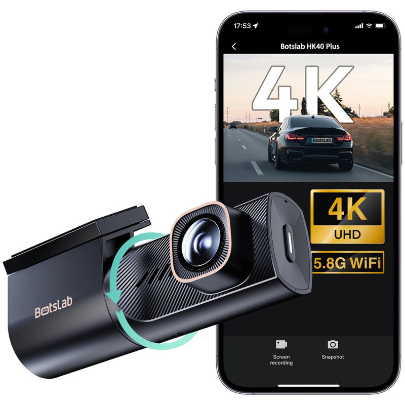 Botslab 4K Dash Cam Front with Night Vision[2026 Upgraded], 360°Rotatable Mini Car Camera with Super Capacitor, 5.8G WiFi & Bluetooth Dual-Band Connection, 24/7H Parking Mode, G-Sensor (HK40 Plus)