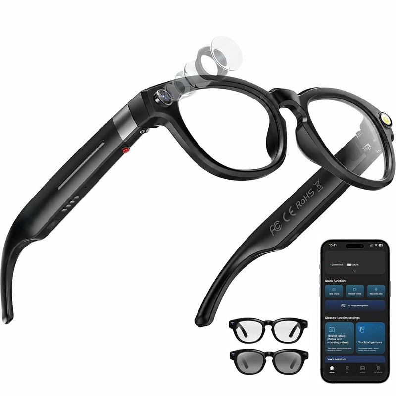 AI Smart Glasses with 4K Camera Standalone Bluetooth Video Glasses with Audio, Real-Time Translation, Auto-Tint Lenses, 32GB Storage No WiFi Needed for Travel, Outdoor & Daily Wear