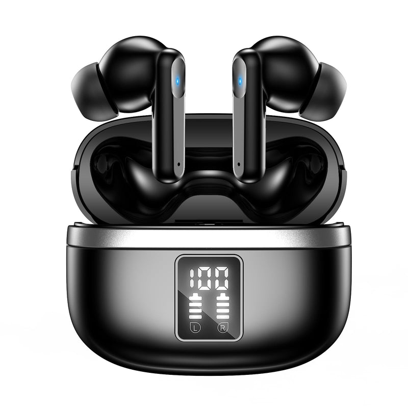 Bluetooth Earbuds Wireless Headphones, 50H Deep Bass Ear Buds with 4 Noise Cancelling Microphone, IPX5 Waterproof Earphones for iPhone Android audifonos inalambricos (Deep Black) Deep black