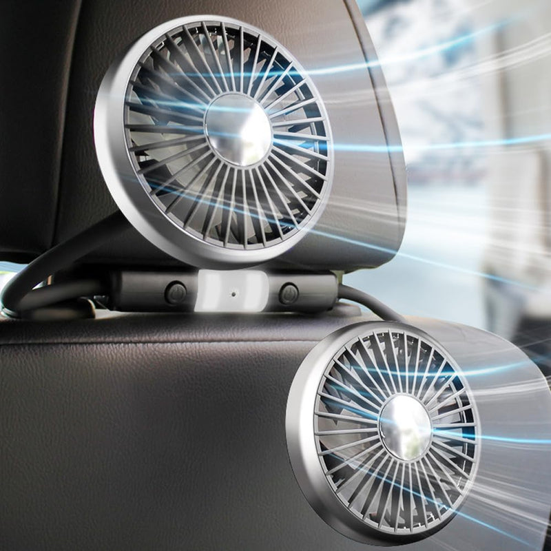 Double 360° Hose Fan for Car Back Seat, USB Headrest Fan with LED Light, Adjustable 3-Speed, Portable Cooling Fans for Vehicle SUV RV Truck Headrest