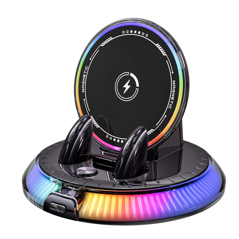 Wireless Car Charger Phone Holder for Dashboard,One-Hand Operation 15W | Fast Charging for MagSafe iPhone , 7-Color RGB Light On/Off, 360° Rotating View, Automatic Dual-Hook Locking