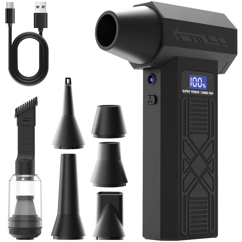 Electric Compressed Air Duster Rechargeable Air Blower for PC & Electronics | 2 in 1 duster and vacuum, 150000 RPM, 4 speeds, 6000mAh, LED display, built-in light, 6 nozzles, for Computer, Keyboard, Car