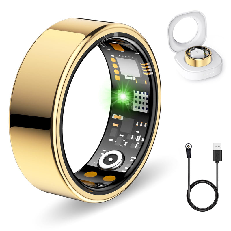 FKGZJF Smart Rings for Women Men, Fitness Ring with Heart Rate, Blood Oxygen, HRV, Stress, Sleep Tracker, Step Tracker, No Subscription Fee, lP68 Waterproof Smart Ring for iPhone & Android (Gold, 7#) Gold 7#