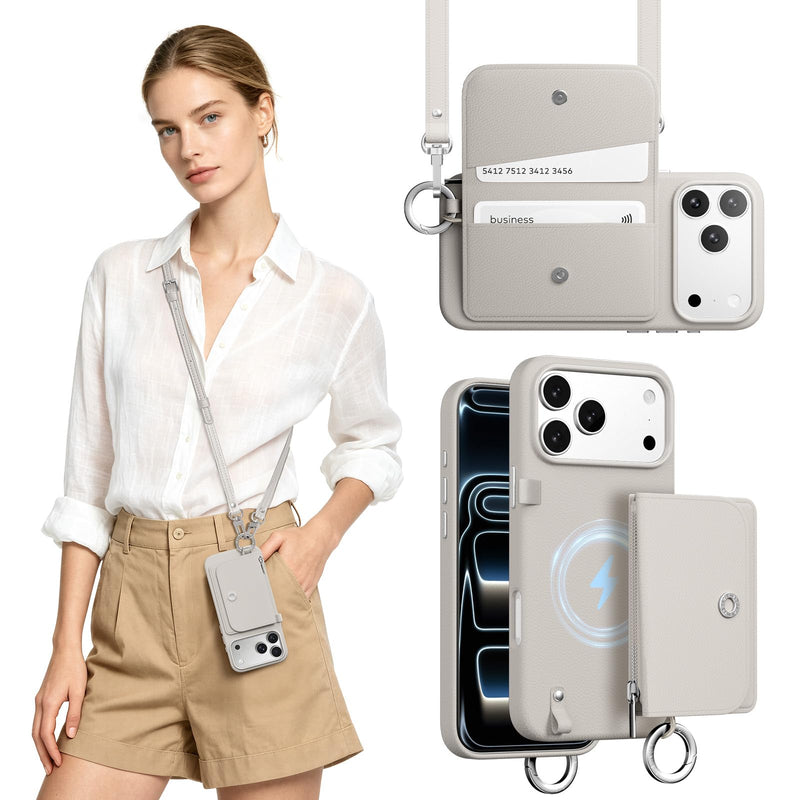 MAGEASY Pouch MagSafe Crossbody Wallet Phone Case for iPhone - Removable Wallet with Strap, 16ft Drop Protection, Card Holder Coin Pocket Magnetic Purse (Starlight, iPhone 17/18 Pro Max)