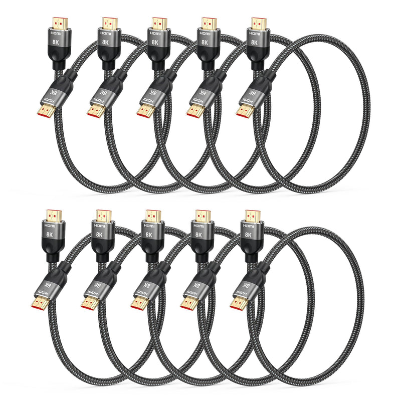 8K HDMI 2.1 Cable 1FT(12Inch) 10-Pack, Ultra High Speed 48Gbps Braided HDMI Cord, Support HDR10+, eARC, VRR, QMS, QFT, HDCP 2.2&2.3 for TV, Monitor, PC, Laptop, HDMI Switch, HDMI Splitter, KVM Grey 1
