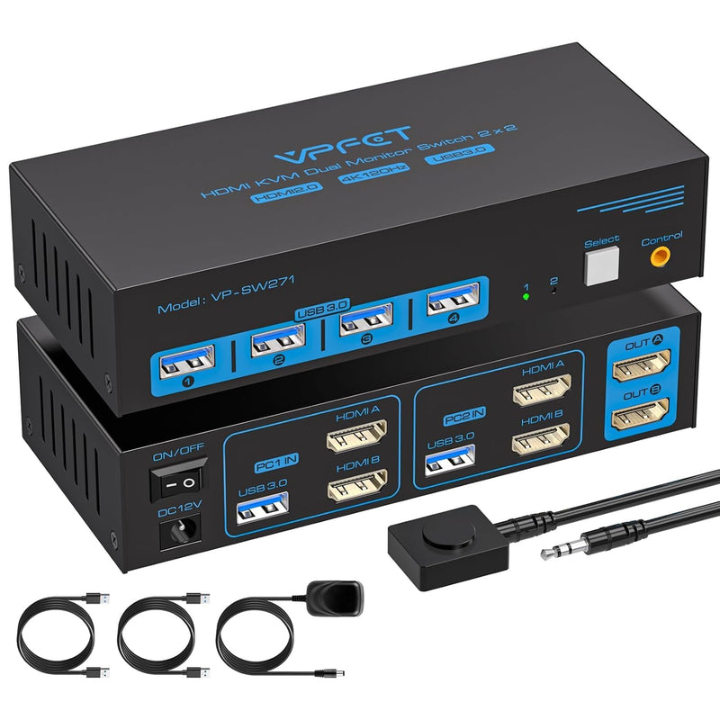 4K120Hz HDMI KVM Switch 2 Monitors 2 Computers 8K USB 3.0 KVM Switches for 2 Computers Share Dual Monitor and 4 USB Devices Support Extended/Copy Mode with DC 12V/1A&Wired Controller Deep Blue 2P