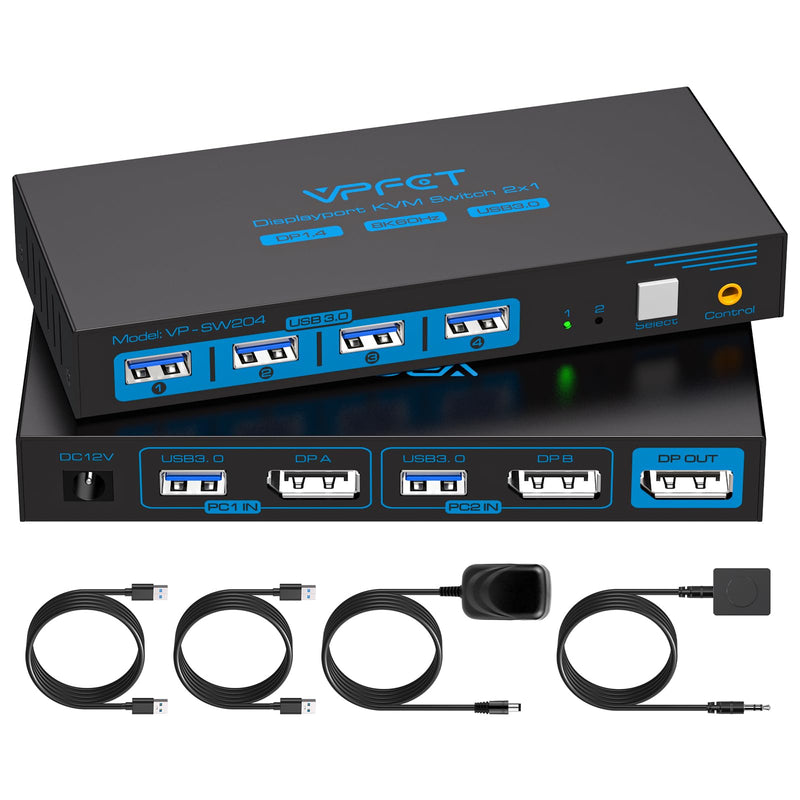 8K@60Hz KVM Switch 1 Monitors 2 Computers Displayport 4K@120Hz | DP KVM Switches Single Monitor for 2 PC/Laptops Share 4 USB 3.0 Ports Support Extended & Duplicate Display Mode