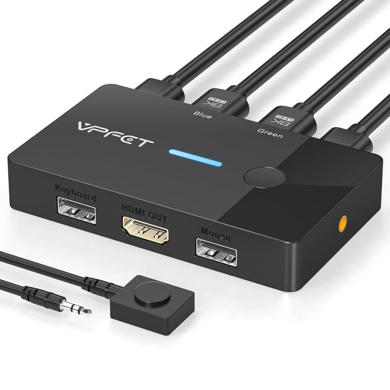8K@60Hz HDMI KVM Switch 1 Monitors 2 Computers | KVM Switches 2 Port for 2 Computers Share Keyboard Mouse and one HD Monitor, with Desktop Controller and 2 USB Cables