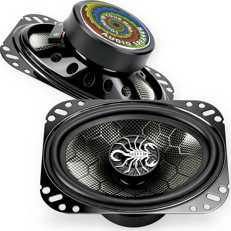 CarbonForce 4x6 Speakers, 800W Peak 4 Ohm 4x6 Car Speakers, 4 x 6 2-Way Coaxial Speakers with Honeycomb-Weave Carbon Fiber Cone, N48 Tweeter for Dash & Rear Panel, 2 Pack Black 4x6 Inch / 4 x 6 Inch
