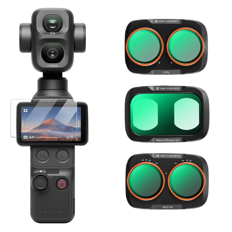 K&F CONCEPT 3-Pack Filter Kit Compatible with DJI Osmo Pocket 4P | CPL + Black Diffusion 1/4 + ND2-32 Filter Set with Snap-fit Mount, Ultra-Slim, Stowable, Versatile for Photography, FD172 CPL+Black Diffusion1/4+ND2-32