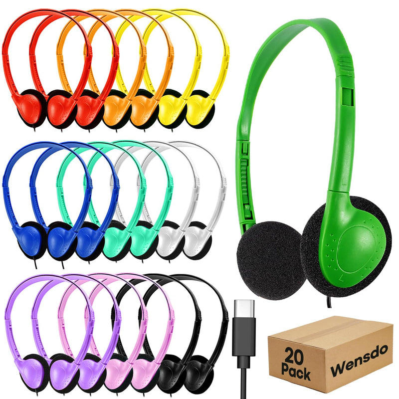 USB C Headphones Bulk 20 Pack for Classroom School Kids, Wholesale Durable On-Ear Headset for Students Teens, Compatible with Chromebook Laptop Tablet Smartphones (HY857C, 20 Mixed)