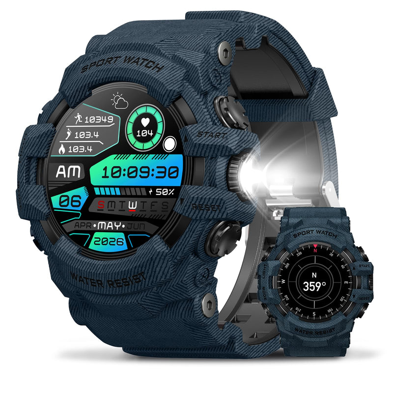 MIDDOW Military Smart Watch with Compass/Flashlight for Men | Fitness Tracker Watch with Waterproof/Long Battery Life/Heart Rate/Sleep/100+ Sport Modes for Android Phone and iPhone