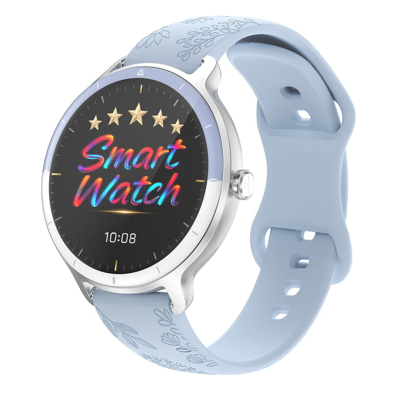 Premium Smart Watch Women, 1.27" HD AMOLED | Bluetooth Calls & AI Voice,IP68 Waterproof,Heart Rate/SpO2/Period Tracker,100+ Sports Modes,Compatible with Android/iPhone Blue Carved+Silicone