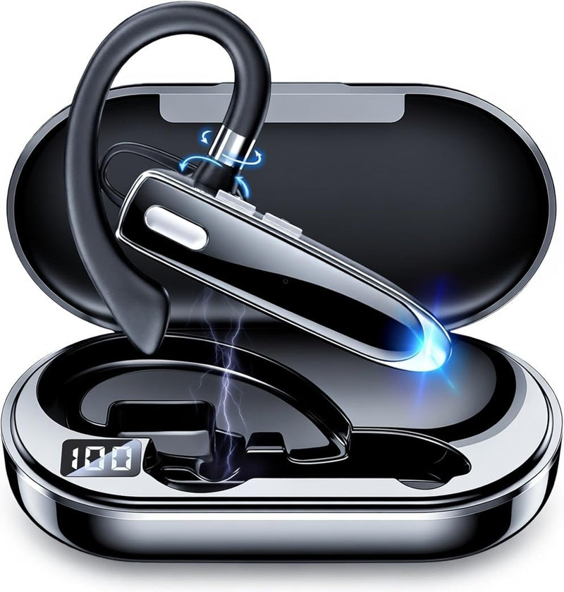 Wireless Single Ear Bluetooth V6.1 Headset, Business Earpiece with Mic | CVC8.0 Noise Cancelling,100H Playtime, LED Display, Dual Device Pairing, Mute Button for Office, Driving, Trucker Black