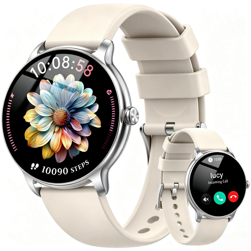 Smart Watch for Women, 1.32'' AMOLED Clear Screen, 2026 New Lightweight Women Smart Watch, Answer/Make Calls, Fitness Tracker with Heart Rate/Sleep/Step Counter, IP68 Waterproof, Gift for her, White off-white