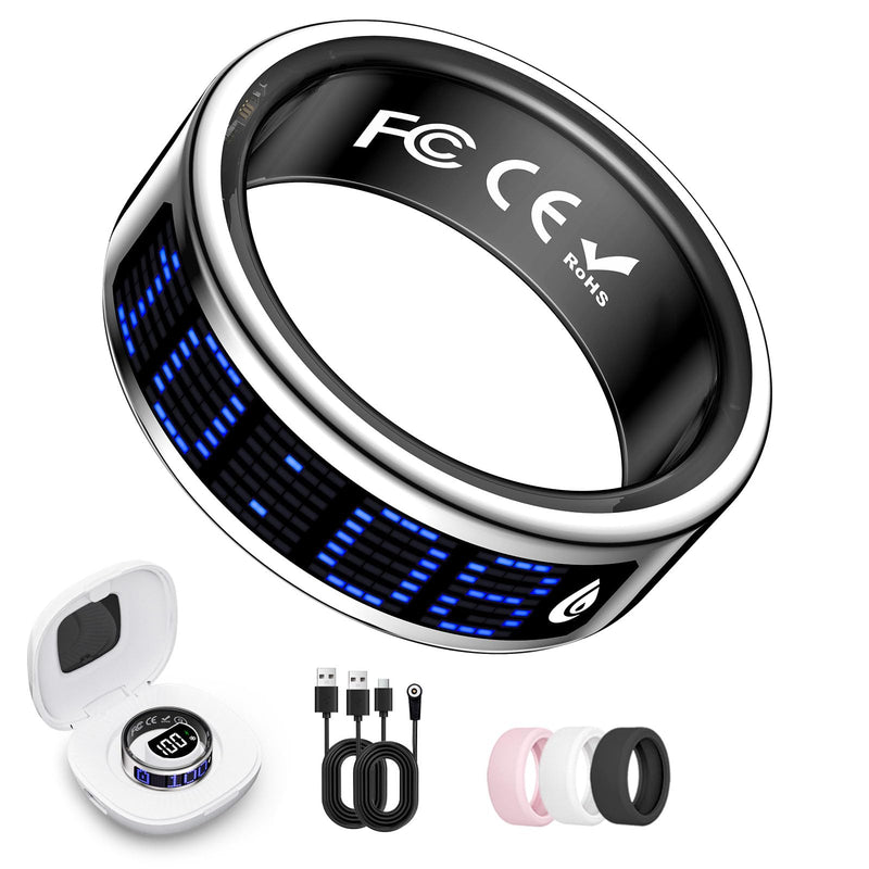Smart Ring for Women & Men, Fitness & Health Tracker with Display Screen, IP68 Waterproof Smart Rings for Health Monitoring, Fitness Tracker Ring with Call Notification, No App Fees (Silver, 8#)