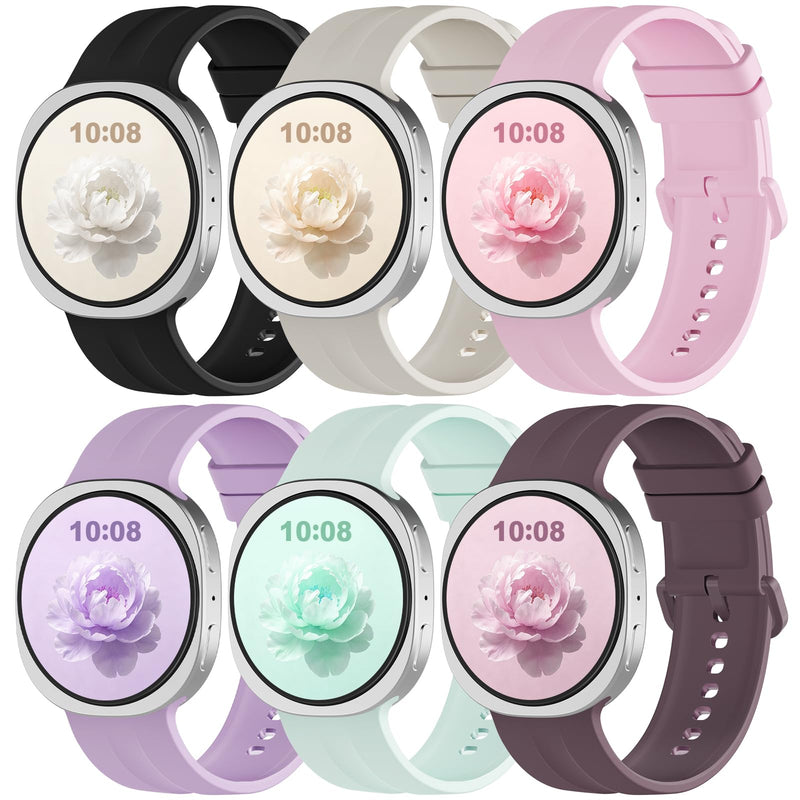 Sport Band Compatible for Samsung Galaxy Watch 9 8 40mm 44mm/8 Classic 46mm | 6 Pack No Gap Silicone Bands, Soft & Waterproof Replacement Wristband for Women Men Black+Starlight+Pink+Lightpurple+LightGreen+SmokeViolet S/M