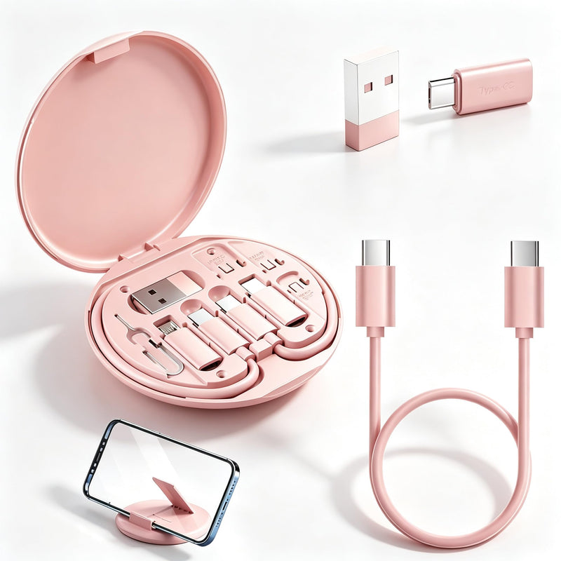 5 in 1 Cable Organizer Box Portable Storage Case for USB Cables Earphones Memory Cards SD Cards Power Bank Pink