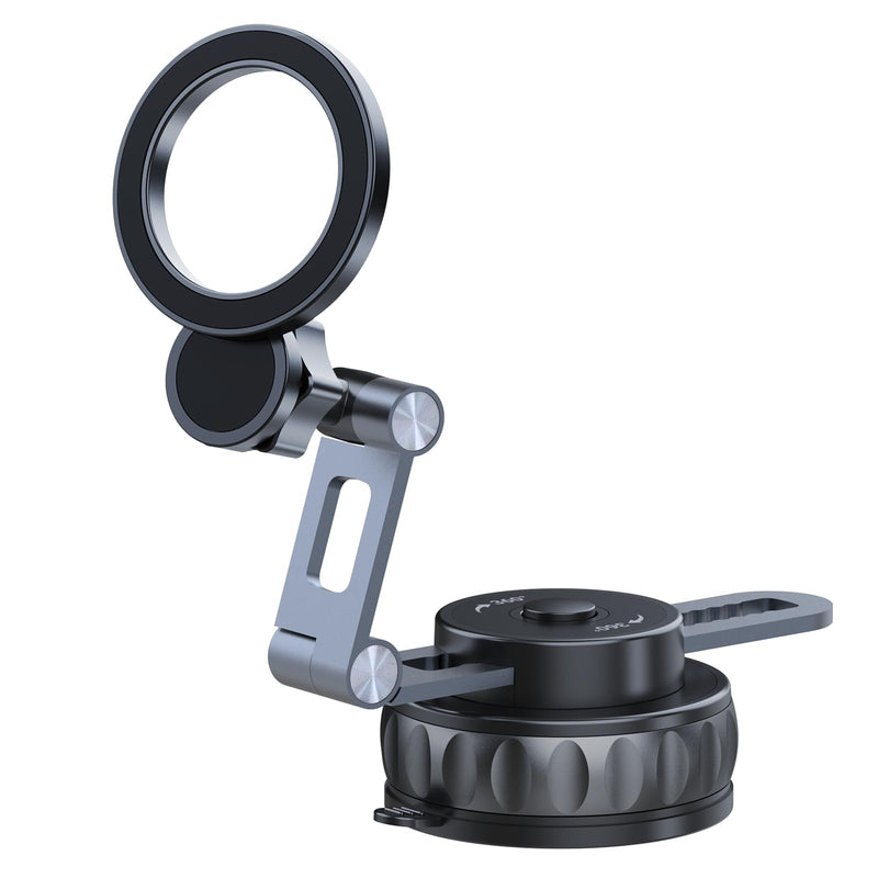 Vacuum Suction Magnetic Car Phone Mount, 360° Rotating Extendable Multi-Axis Arm for Dashboard & Windshield, Compatible with MagSafe iPhone Models and Magnetic Cases, Metal Ring Included