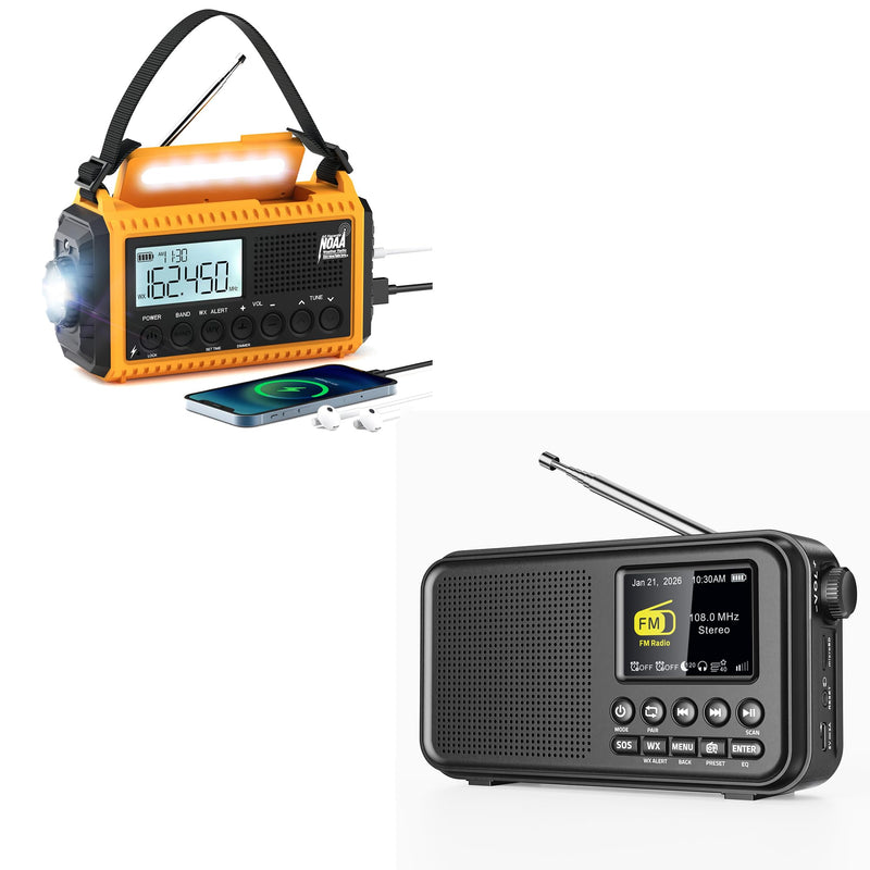 Emergency Weather Radio Hand Crank Solar Battery Operated Portable AM/FM Shortwave Radio & Portable FM Bluetooth Radio