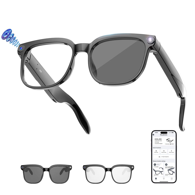 AI Smart Glasses with 8MP Camera, 4K Video and 139-Language Translation | Photochromic Lens, Audio Recording, Object Recognition, ChatGPT Assistant,Hi-Fi Audio,IPX5 waterproof,Gift Selection Deep Black