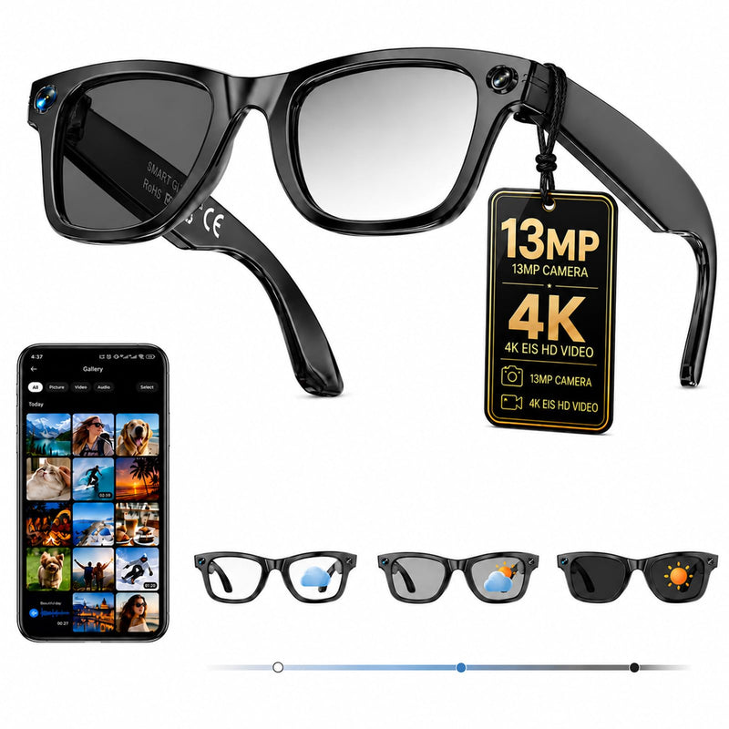 AI Smart Glasses with Camera, 13MP HD Capture, 4K EIS Video, Photochromic | Object Recognition, Real-Time Translation, AI Assistant, Dual Open-Ear Speakers, Bluetooth, IP66 Water Resistance, Sunglasses Black Glasses Pouch Included