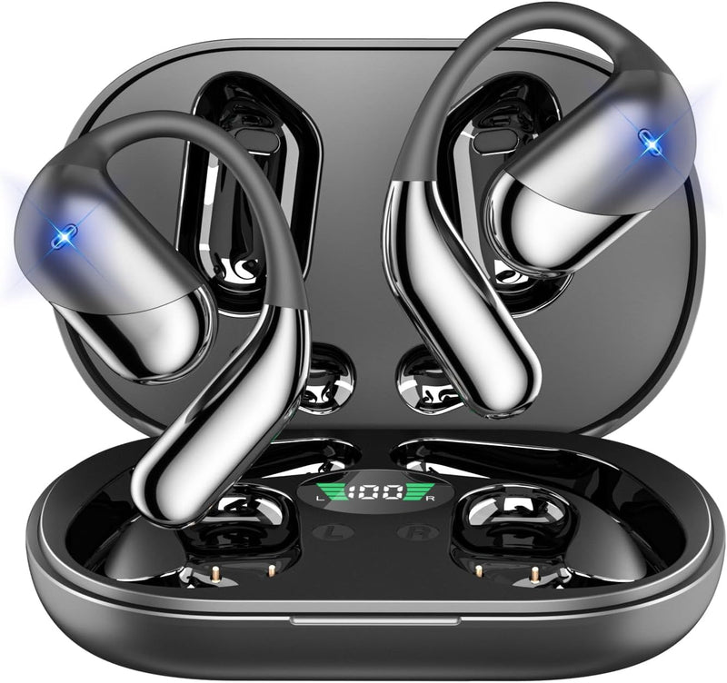 Open Ear Bone Conduction Headphones，,Over Ear Earbuds with Ergonomic Earhook,Bluetooth Headphones 5.4 with Smart Digital Display,60H Playtime,IPX7 Waterproof,Touch Control Operate Running Fit Cycling Black