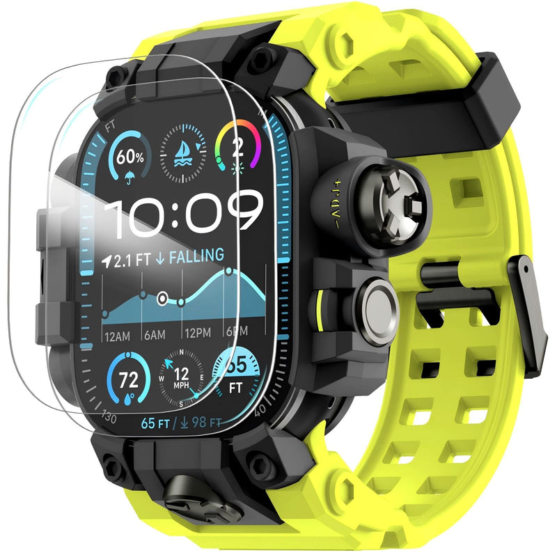 KADES 2-in-1 Removable Rugged Case with Band for Apple Watch Ultra 49mm | Military Grade Shockproof Full Cover & Built-in Tempered Glass Screen Protector for Men Sports Hiking Workout Yellow Green 49mm (with Tempered Glass)