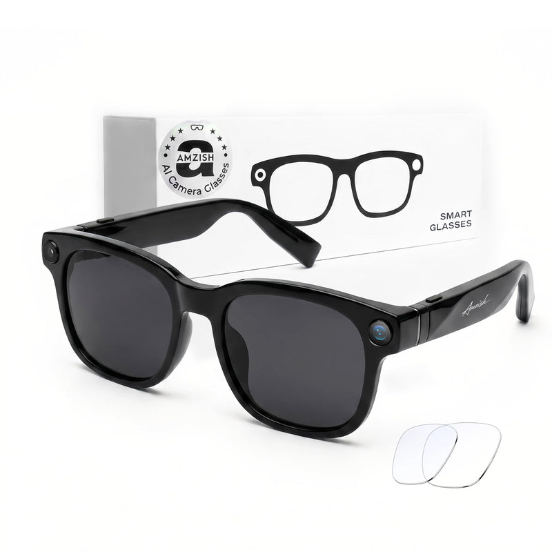 AI Smart Glasses with Camera, 8MP HD Bluetooth Camera Glasses for Women Men | 1080P Video Recording Sunglasses, Real Time Translation, Voice Assistant, Open Earbuds, Travel, Work, Vlog Night Black