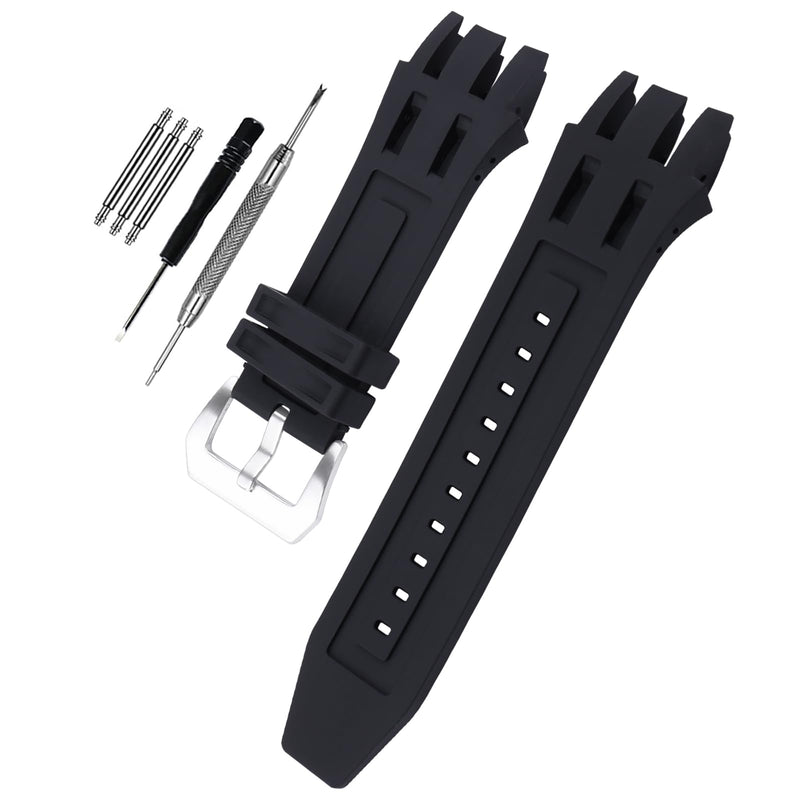 26mm Watch Strap Compatible with Invicta Reserve Subaqua Scuba 0913 0915 0917 0918 Rubber Band Replacement for men Silicone wirst watchband and women Bracelet (Black Band Silver Buckle)