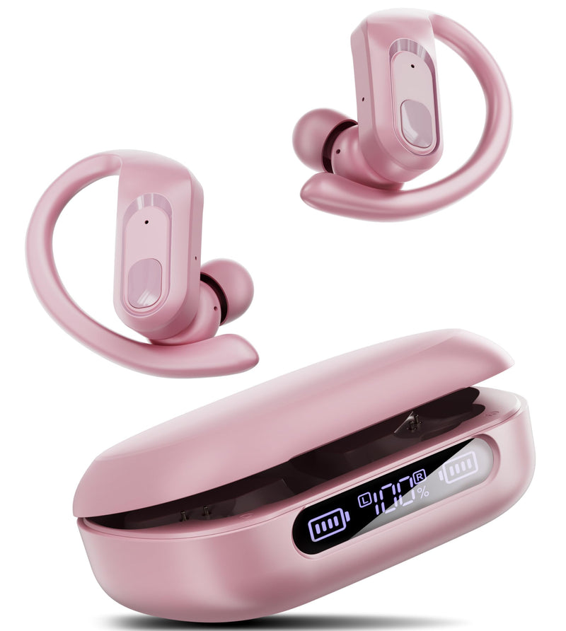 occiam Active Noise Cancelling Wireless Earbuds Bluetooth Headphones Ear Buds 96Hrs Playback Clear Call Waterproof Earphones with Ear Hook Microphones for Sport Running Pink