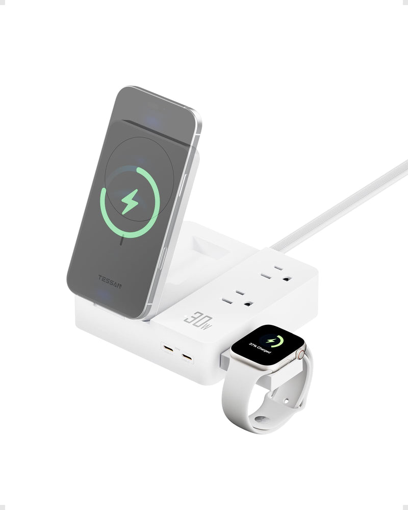 TESSAN 30W Charging Station USB Phone Charger with Wireless Charging | 2 USB C/1 USB A and 2 AC Outlet,for iPhone 17/16/15 Charging Stand, for Apple Watch Charging, Flat Plug, 5ft Cord, White